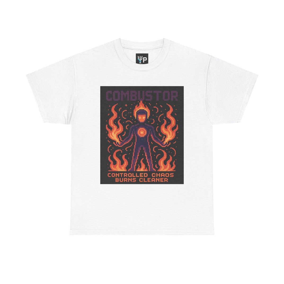 White Combustor physics T-shirt, pixel-art combustion design, front view
