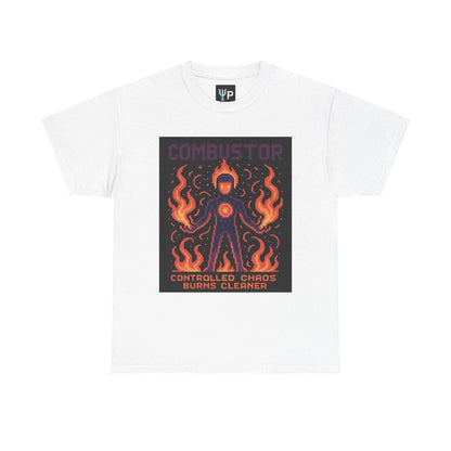 White Combustor physics T-shirt, pixel-art combustion design, front view