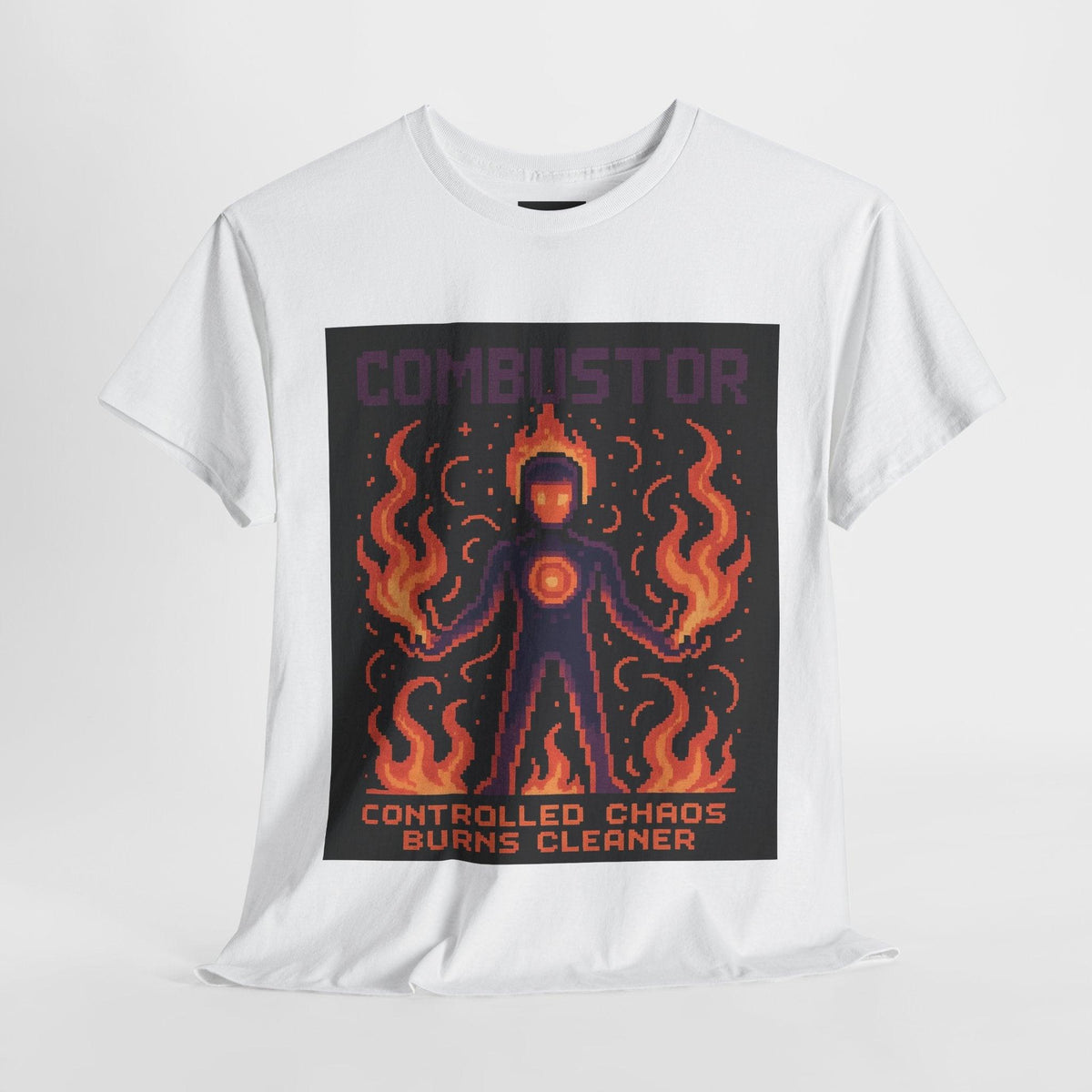White Combustor physics T-shirt, pixel-art combustion design, front view