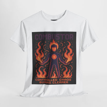 White Combustor physics T-shirt, pixel-art combustion design, front view