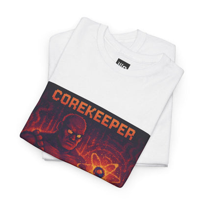 White Corekeeper physics T-shirt, pixel-art strong nuclear force design, folded
