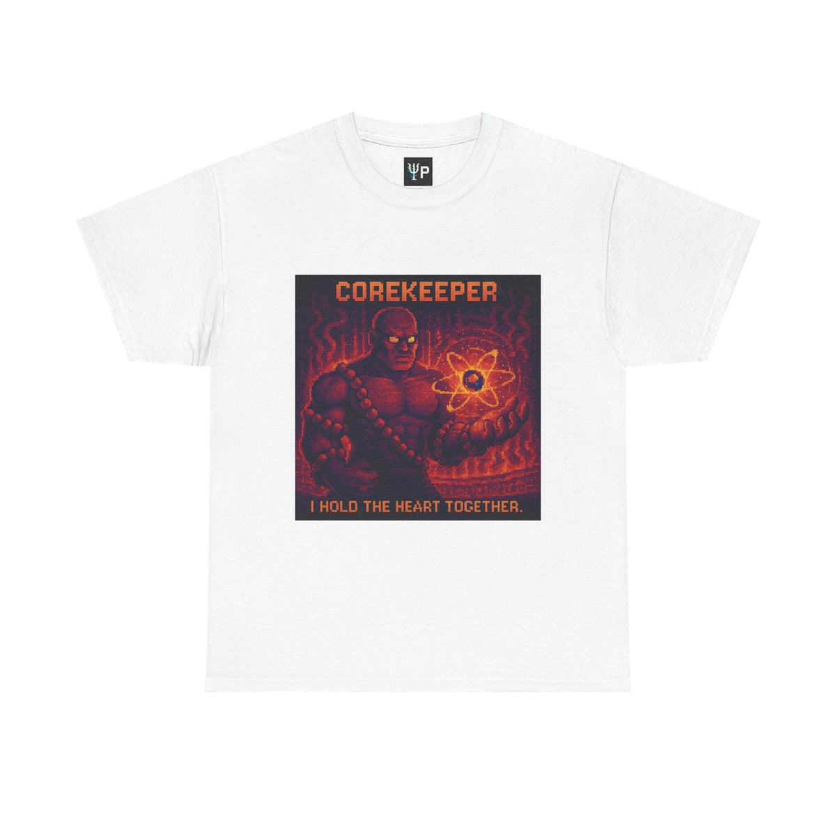 White Corekeeper physics T-shirt, pixel-art strong nuclear force design, front view