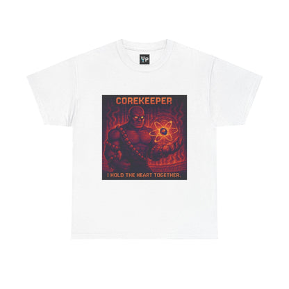 White Corekeeper physics T-shirt, pixel-art strong nuclear force design, front view