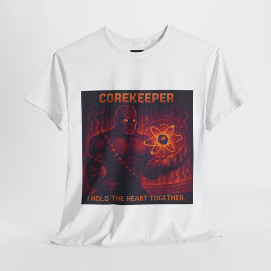 White Corekeeper physics T-shirt, pixel-art strong nuclear force design, front view