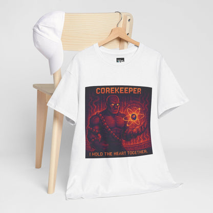 White Corekeeper physics T-shirt, pixel-art strong nuclear force design, hanging on a chair