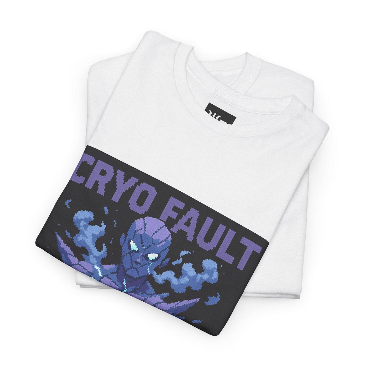 White Cryo Fault physics T-shirt, pixel-art cryogenic brittle fracture design, folded