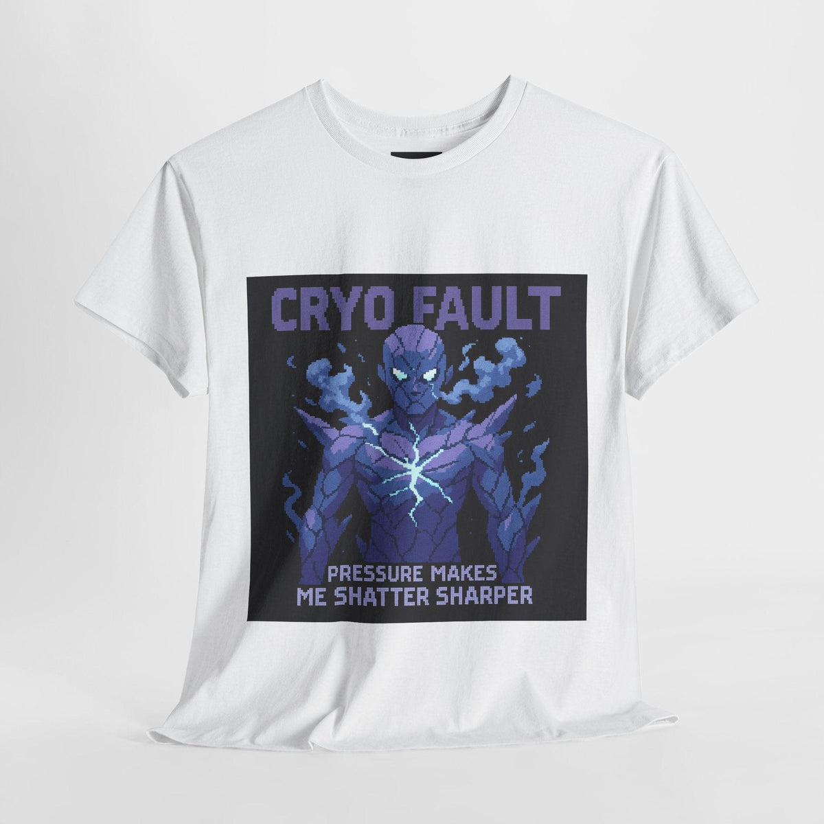 White Cryo Fault physics T-shirt, pixel-art cryogenic brittle fracture design, front view