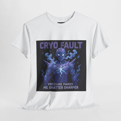 White Cryo Fault physics T-shirt, pixel-art cryogenic brittle fracture design, front view