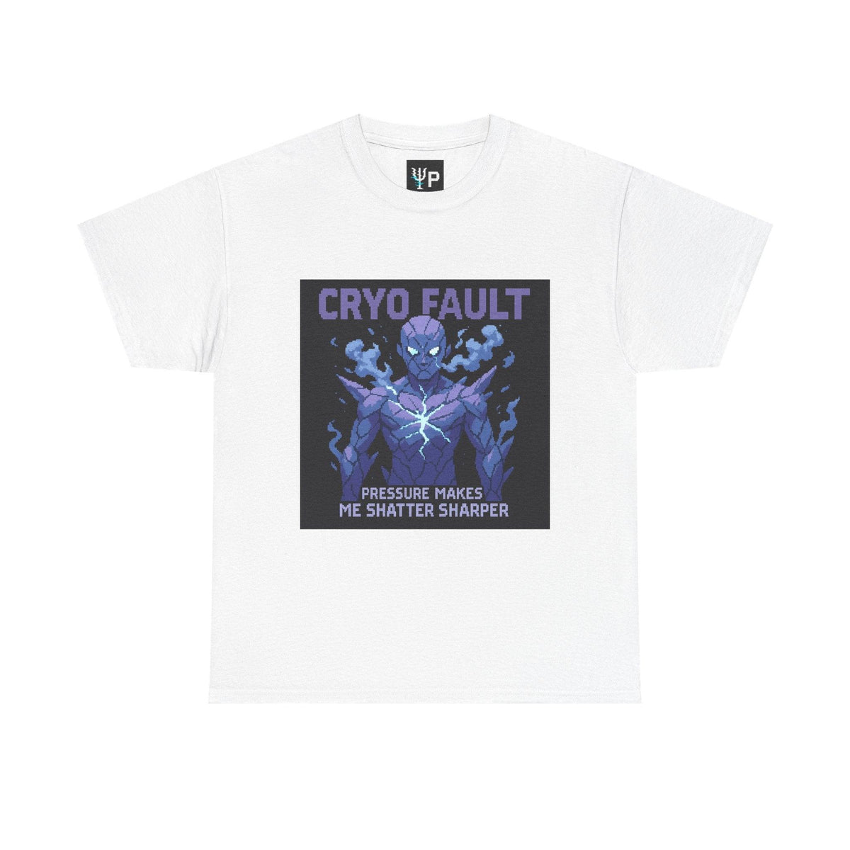White Cryo Fault physics T-shirt, pixel-art cryogenic brittle fracture design, front view