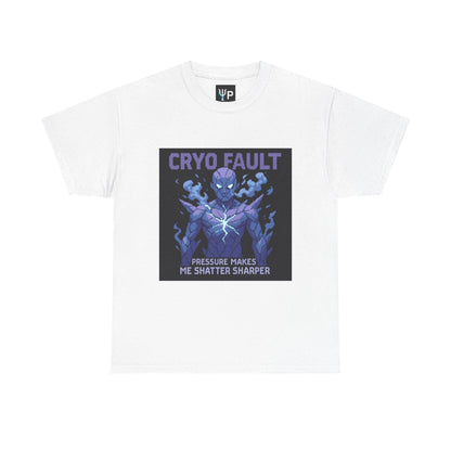 White Cryo Fault physics T-shirt, pixel-art cryogenic brittle fracture design, front view