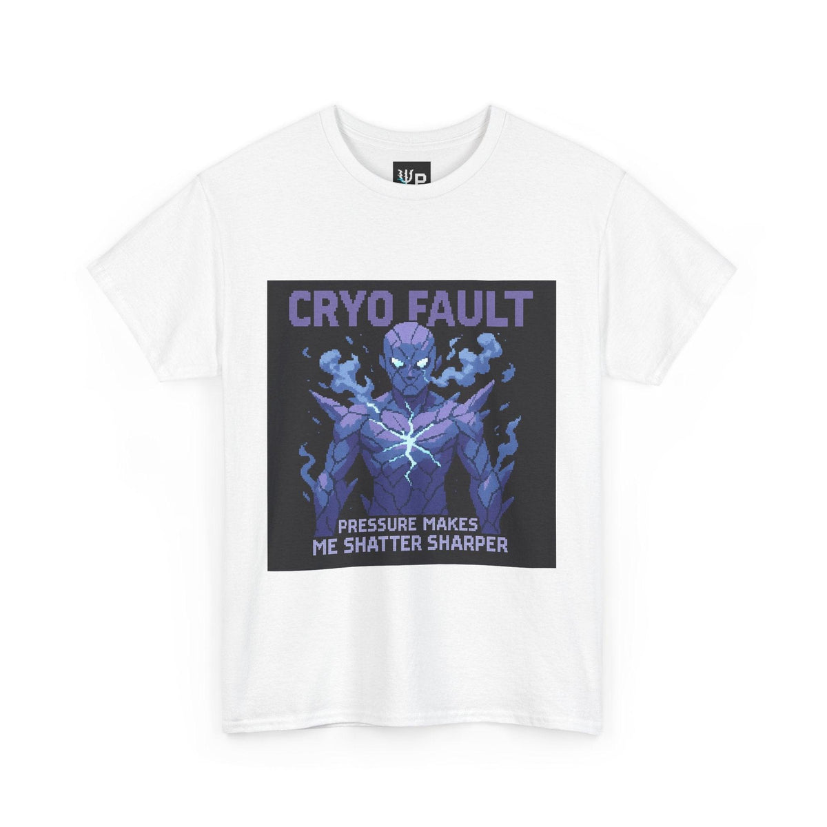 White Cryo Fault physics T-shirt, pixel-art cryogenic brittle fracture design, front view