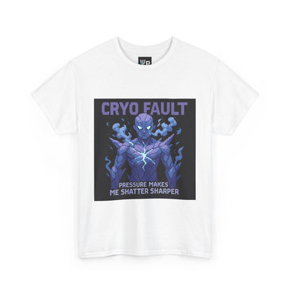 White Cryo Fault physics T-shirt, pixel-art cryogenic brittle fracture design, front view