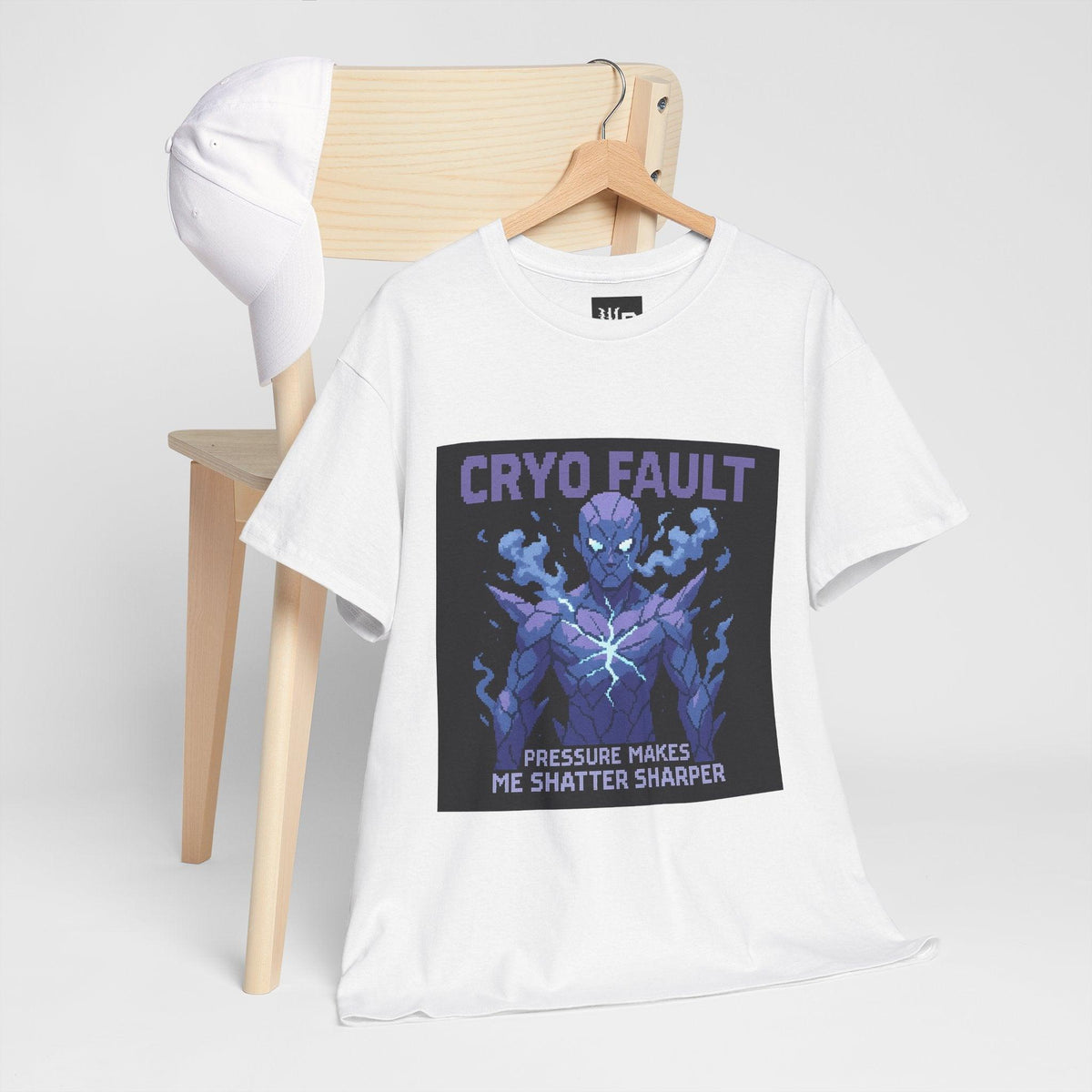White Cryo Fault physics T-shirt, pixel-art cryogenic brittle fracture design, hanging on a chair