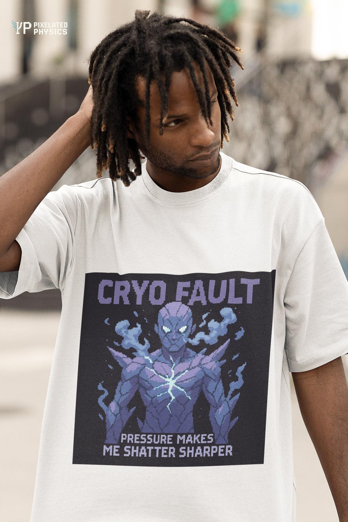 White Cryo Fault physics T-shirt, pixel-art cryogenic brittle fracture design, worn by a man