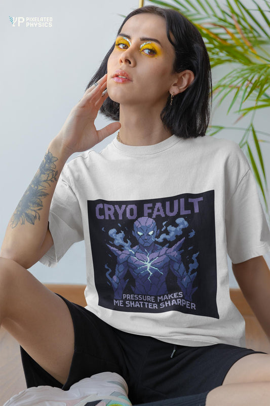 White Cryo Fault physics T-shirt, pixel-art cryogenic brittle fracture design, worn by a woman