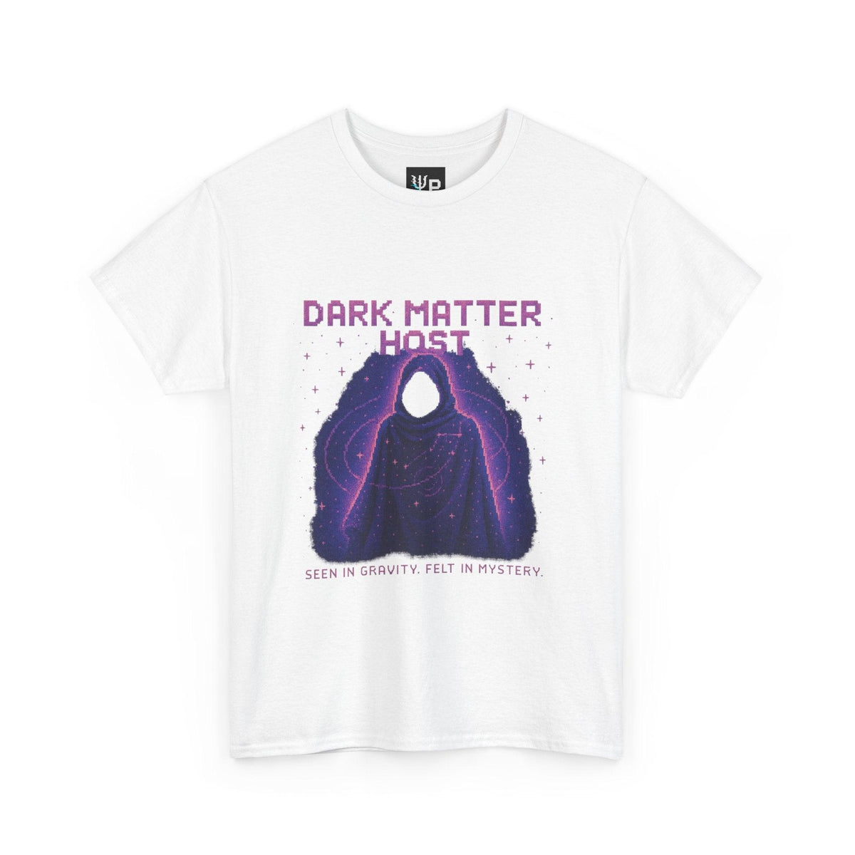 White Dark Matter Host physics T-shirt, pixel-art dark matter design, front view
