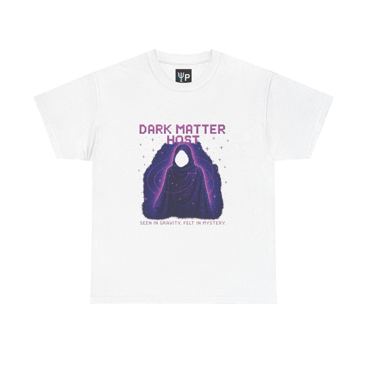 White Dark Matter Host physics T-shirt, pixel-art dark matter design, front view