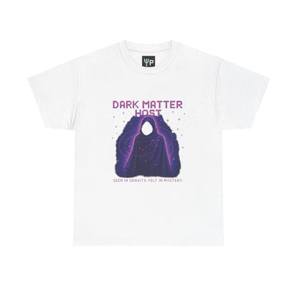 White Dark Matter Host physics T-shirt, pixel-art dark matter design, front view