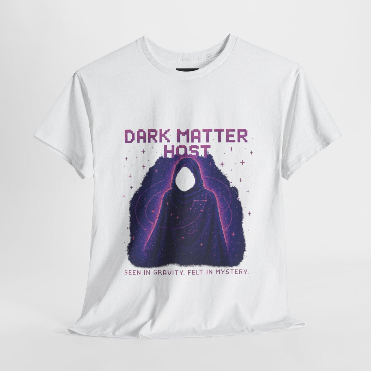 White Dark Matter Host physics T-shirt, pixel-art dark matter design, front view