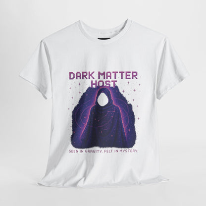 White Dark Matter Host physics T-shirt, pixel-art dark matter design, front view
