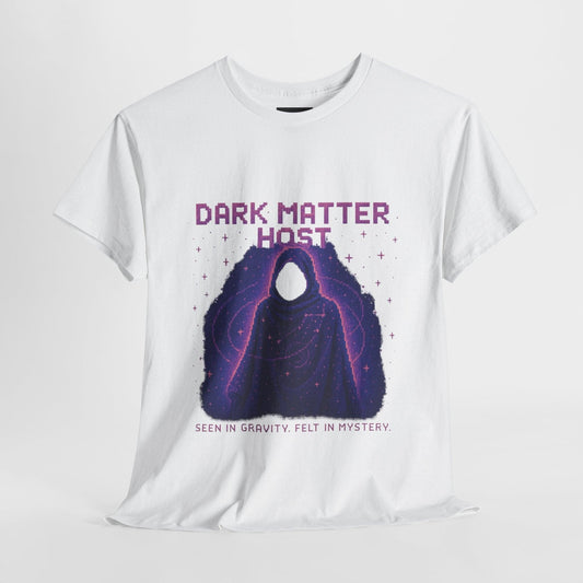 White Dark Matter Host physics T-shirt, pixel-art dark matter design, front view