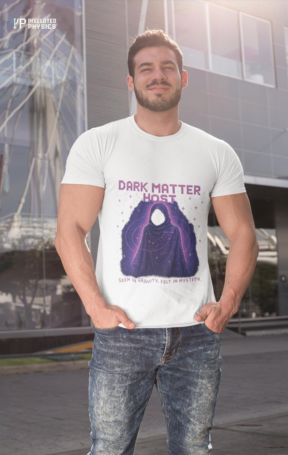 White Dark Matter Host physics T-shirt, pixel-art dark matter design, worn by a man