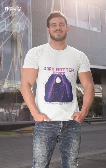 White Dark Matter Host physics T-shirt, pixel-art dark matter design, worn by a man