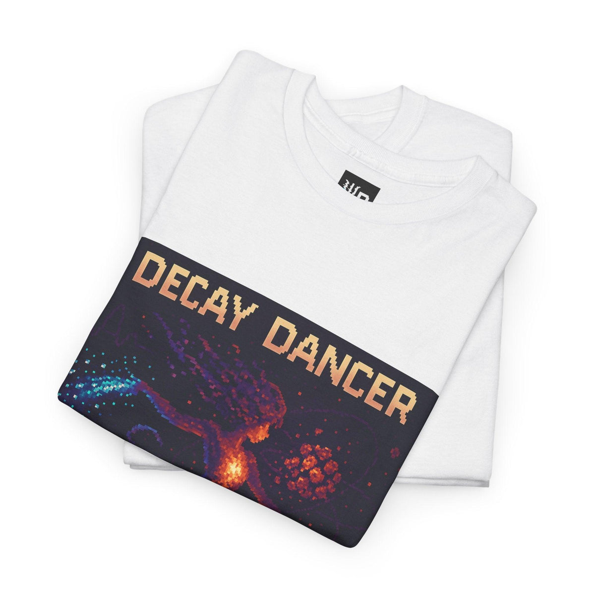 White Decay Dancer physics T-shirt, pixel-art beta decay design, folded