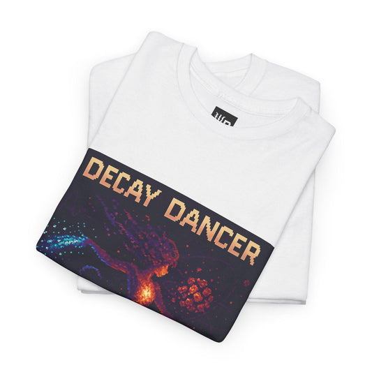White Decay Dancer physics T-shirt, pixel-art beta decay design, folded