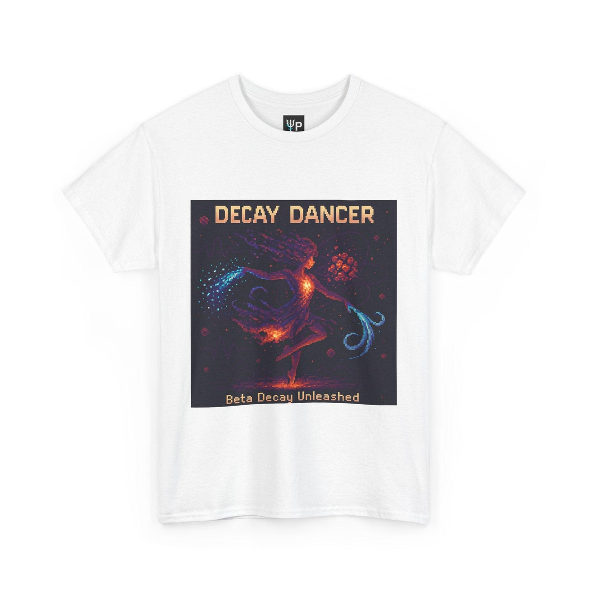 White Decay Dancer physics T-shirt, pixel-art beta decay design, front view