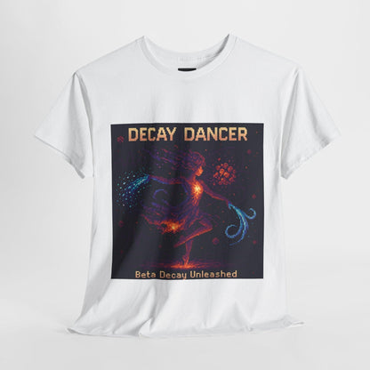 White Decay Dancer physics T-shirt, pixel-art beta decay design, front view