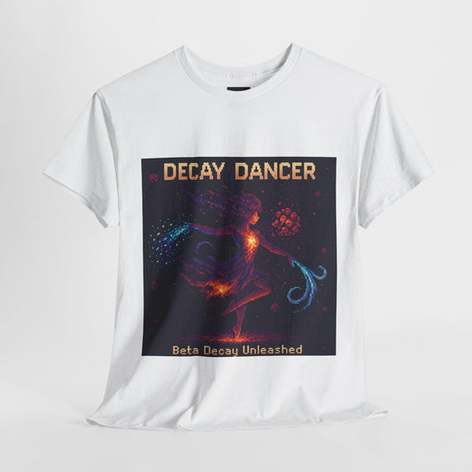 White Decay Dancer physics T-shirt, pixel-art beta decay design, front view