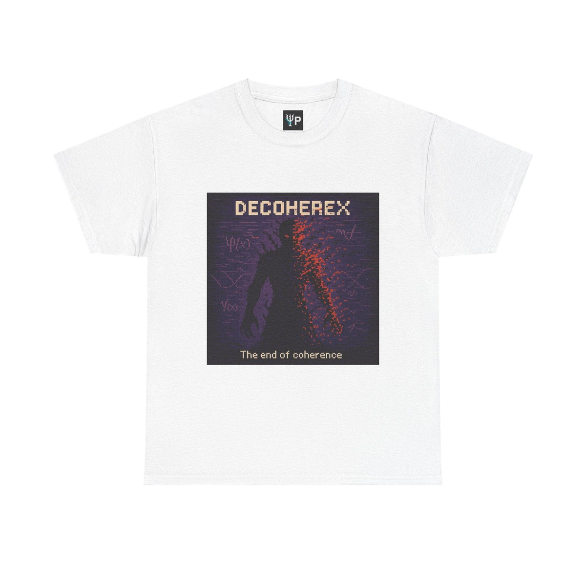 White Decoherex physics T-shirt, pixel-art quantum decoherence design, front view