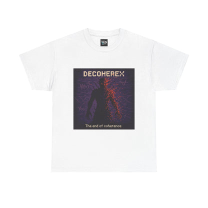 White Decoherex physics T-shirt, pixel-art quantum decoherence design, front view