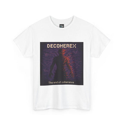 White Decoherex physics T-shirt, pixel-art quantum decoherence design, front view