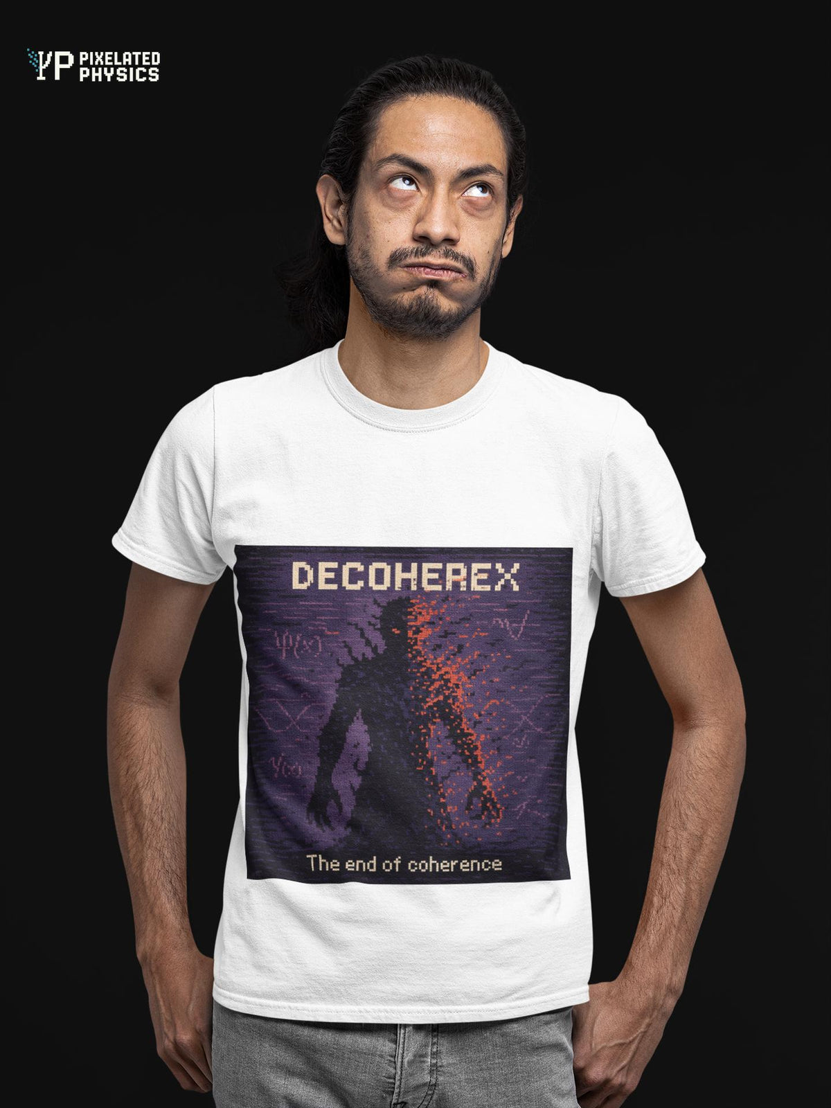 White Decoherex physics T-shirt, pixel-art quantum decoherence design, worn by a man