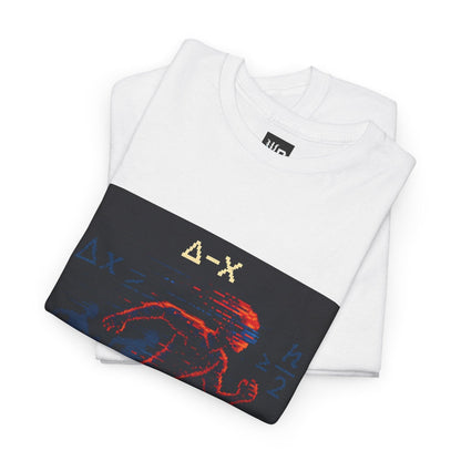 White Δ-X physics T-shirt, pixel-art Heisenberg uncertainty design, folded