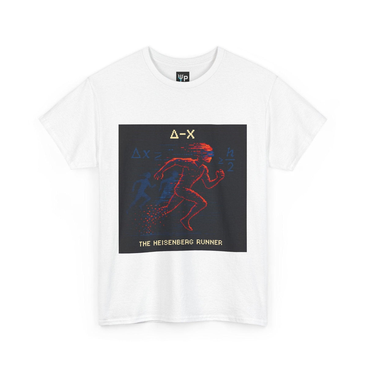 White Δ-X physics T-shirt, pixel-art Heisenberg uncertainty design, front view