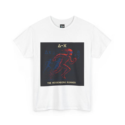White Δ-X physics T-shirt, pixel-art Heisenberg uncertainty design, front view