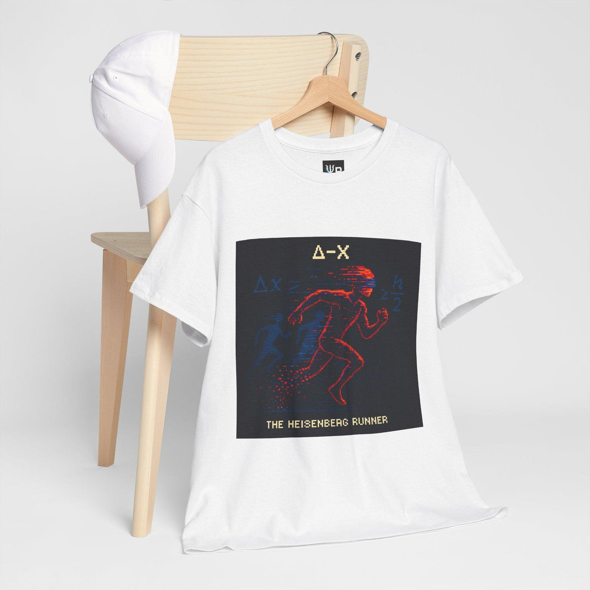 White Δ-X physics T-shirt, pixel-art Heisenberg uncertainty design, hanging on a chair