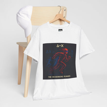 White Δ-X physics T-shirt, pixel-art Heisenberg uncertainty design, hanging on a chair