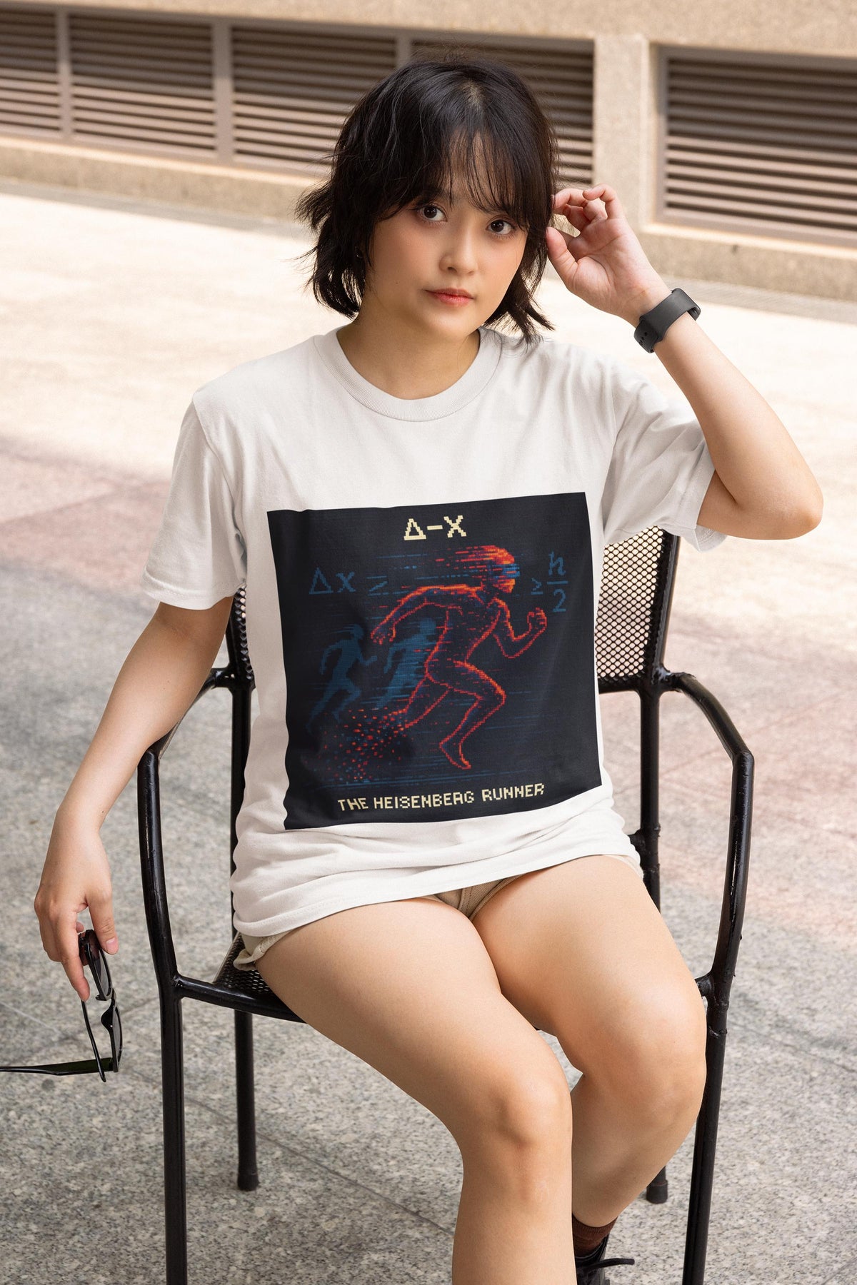 White Δ-X physics T-shirt, pixel-art Heisenberg uncertainty design, worn by a woman
