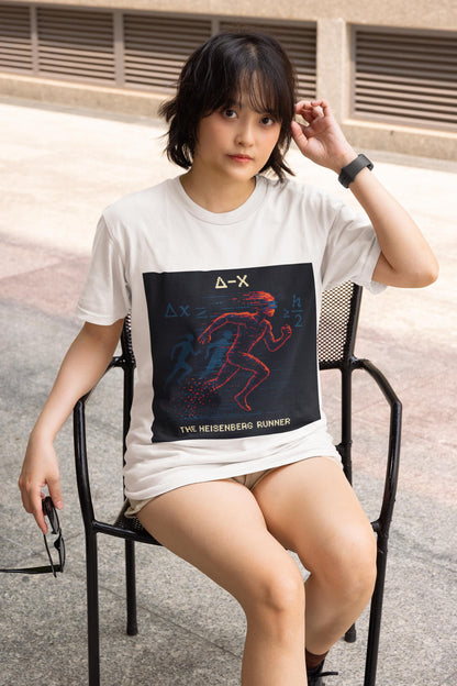 White Δ-X physics T-shirt, pixel-art Heisenberg uncertainty design, worn by a woman