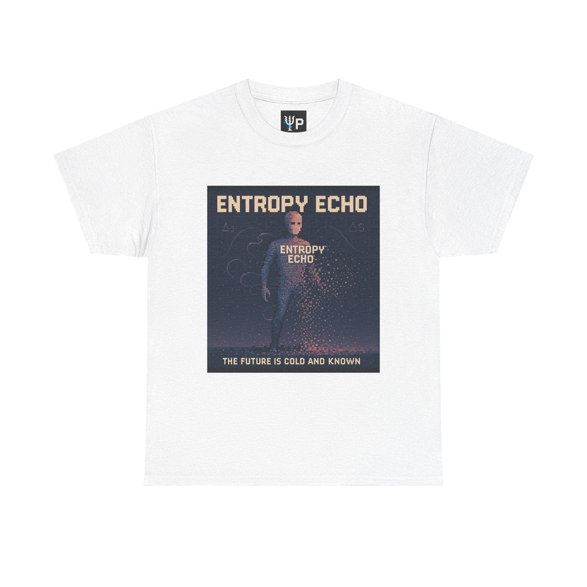 White Entropy Echo physics T-shirt, pixel-art heat death design, front view