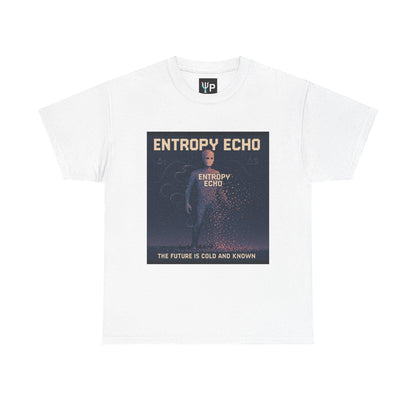 White Entropy Echo physics T-shirt, pixel-art heat death design, front view
