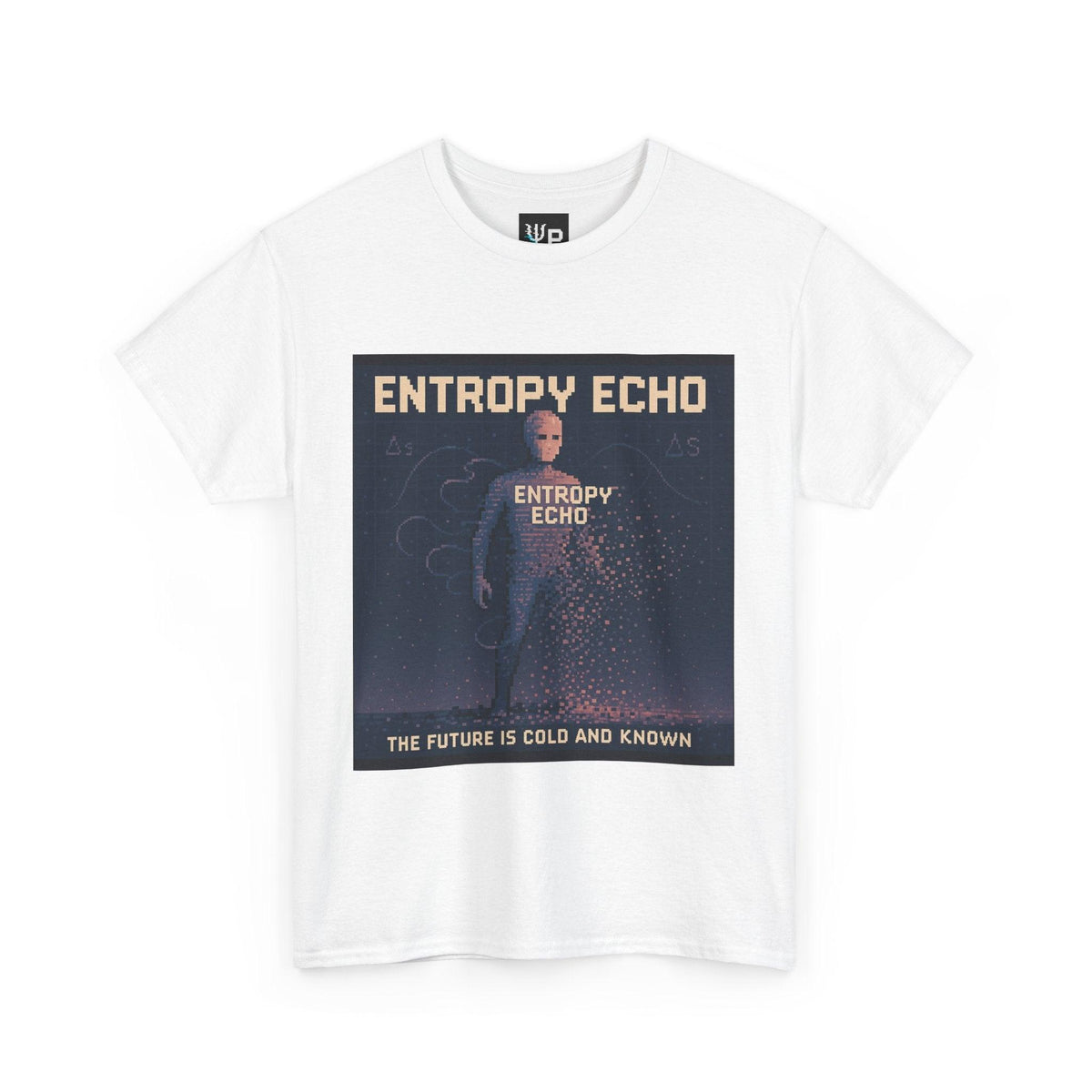 White Entropy Echo physics T-shirt, pixel-art heat death design, front view