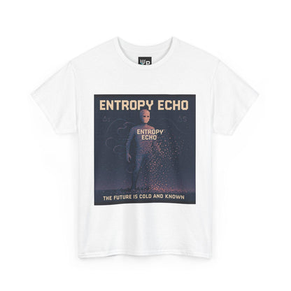 White Entropy Echo physics T-shirt, pixel-art heat death design, front view
