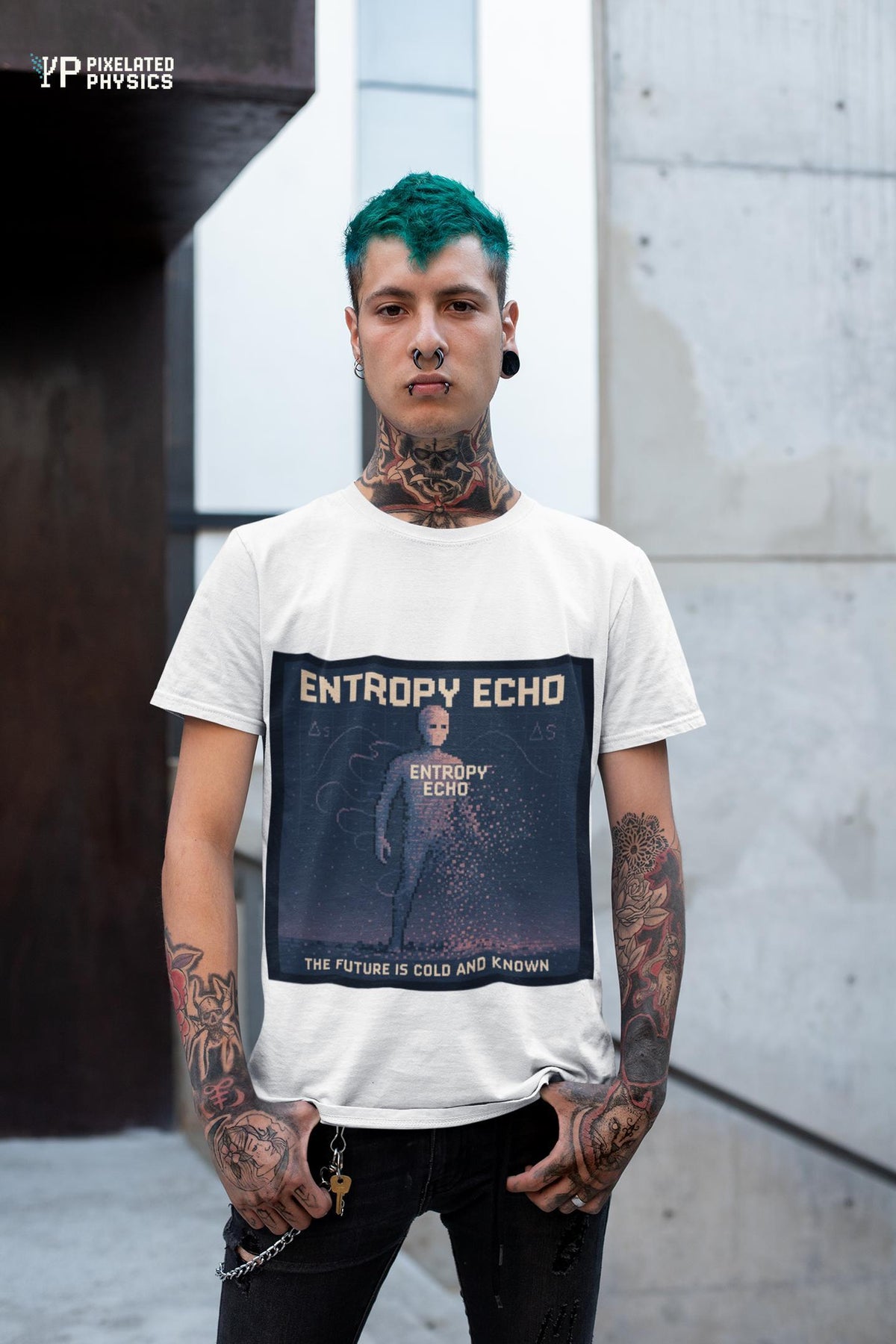 White Entropy Echo physics T-shirt, pixel-art heat death design, worn by a man