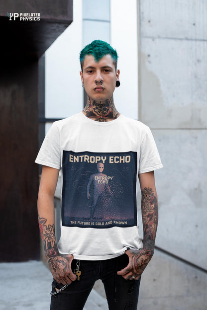 White Entropy Echo physics T-shirt, pixel-art heat death design, worn by a man