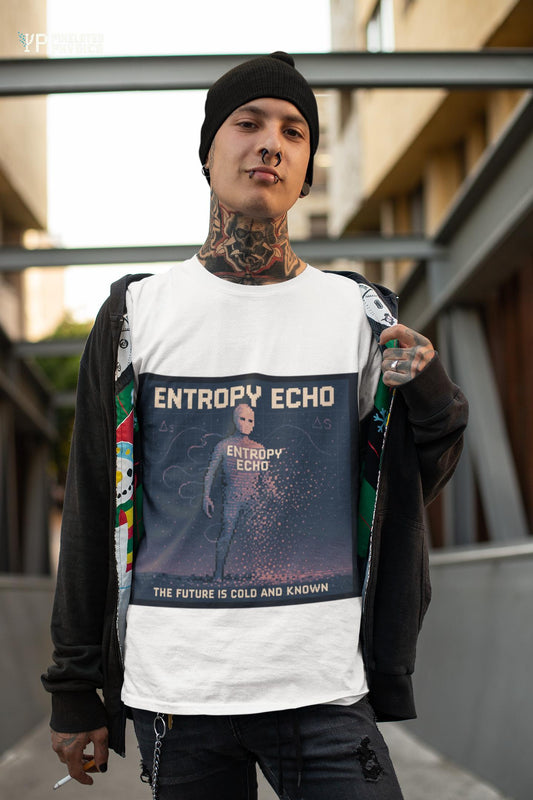 White Entropy Echo physics T-shirt, pixel-art heat death design, worn by a man